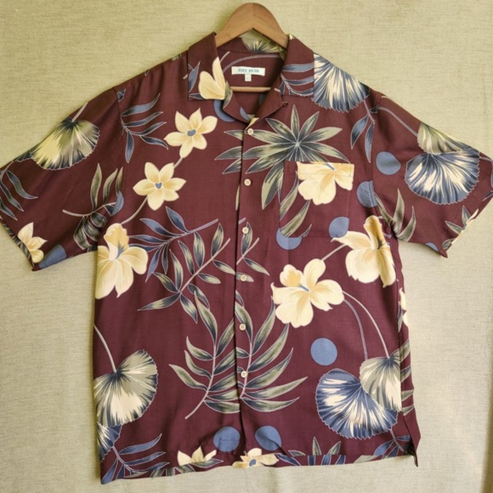 Joey‎ Richi Mens Large 100% Silk Tropical Floral Hawaiian Camp Shirt Burgundy L